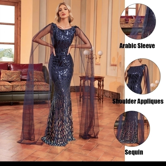 NavyBlue, Boat Neck, Long Cloak,  Sequined/ Mesh Merm… - Picture 2 of 16